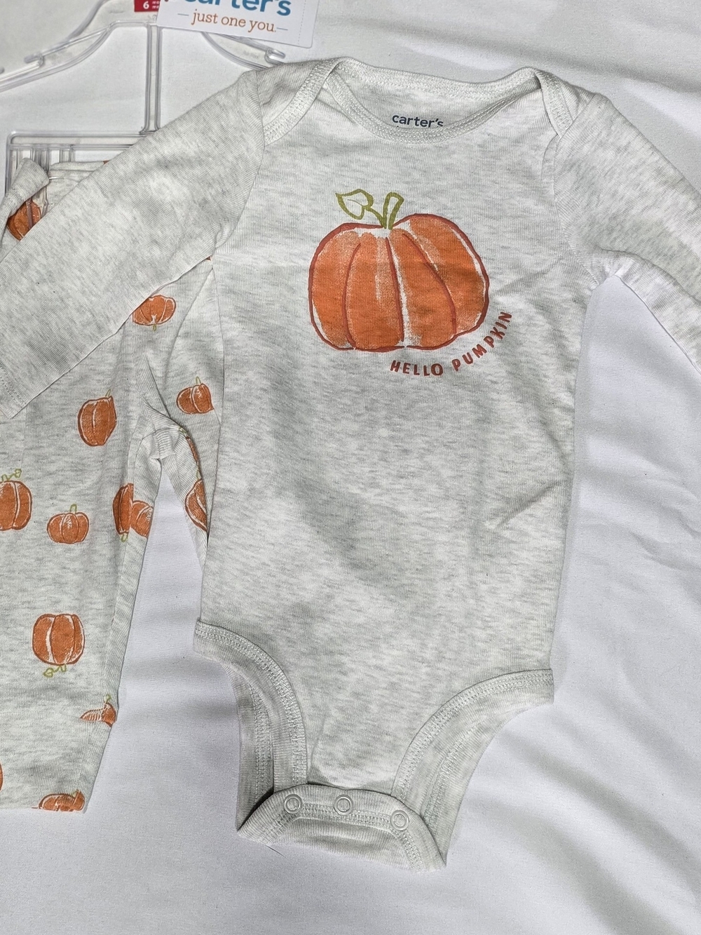 Carter's Gray & Orange " Hello Pumpkin" Print Long-Sleeve Baby Bodysuit 6 Months
